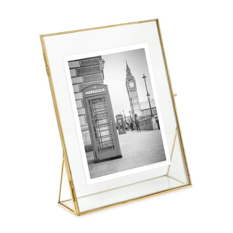 Isaac Jacobs 8x10 Antique Gold, Vintage Style Brass and Glass, Floating Photo Frame, Metal, (Vertical), with Locket Closure and Angled Base, for Pictures, Art, Mementos, Keepsakes (8x10, Antique Gold) - Image 1